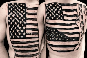 realistic black and white American flag  for right chest and right shoulder tattoo idea