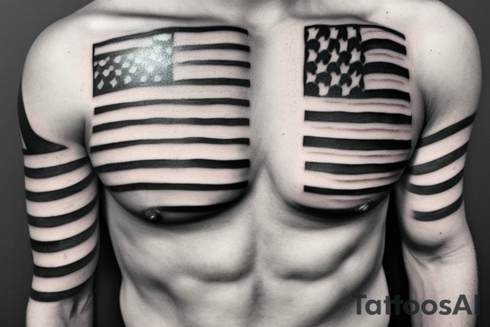 realistic black and white American flag for right chest and right shoulder tattoo idea