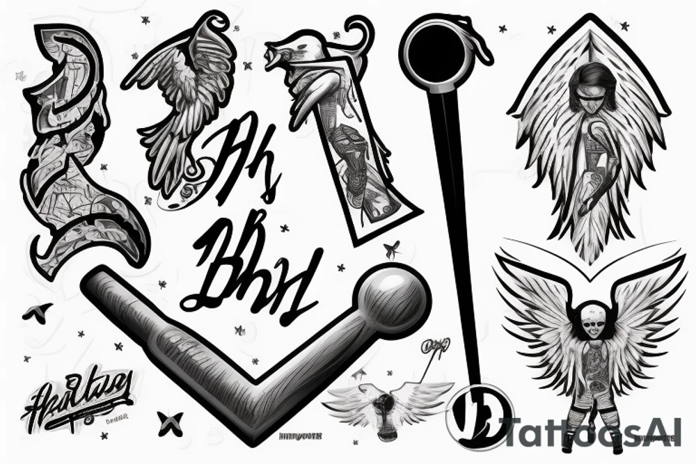 The initials B.H with the #19 and baseball bat with angel wings tattoo idea