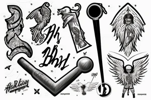 The initials B.H with the #19 and baseball bat with angel wings tattoo idea