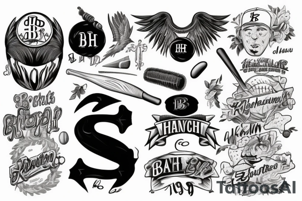 The initials B.H with the #19 and baseball bat with angel wings tattoo idea