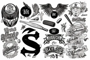 The initials B.H with the #19 and baseball bat with angel wings tattoo idea