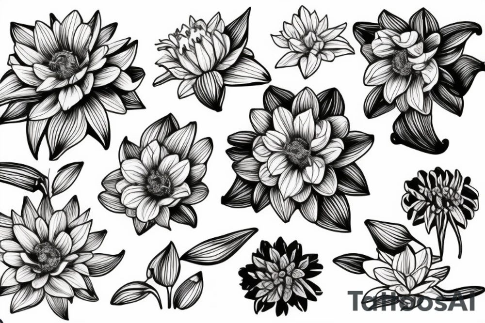 the plants narcissus, lily of the valley and chrysanthemum together like a bouquet tattoo idea