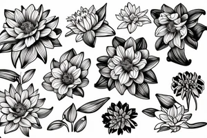 the plants narcissus, lily of the valley and chrysanthemum together like a bouquet tattoo idea