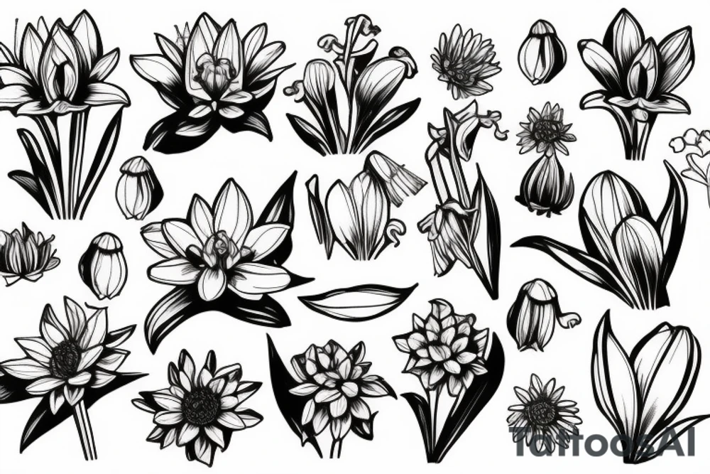 the plants narcissus, lily of the valley and chrysanthemum together like a bouquet tattoo idea