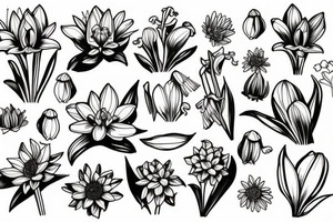 the plants narcissus, lily of the valley and chrysanthemum together like a bouquet tattoo idea