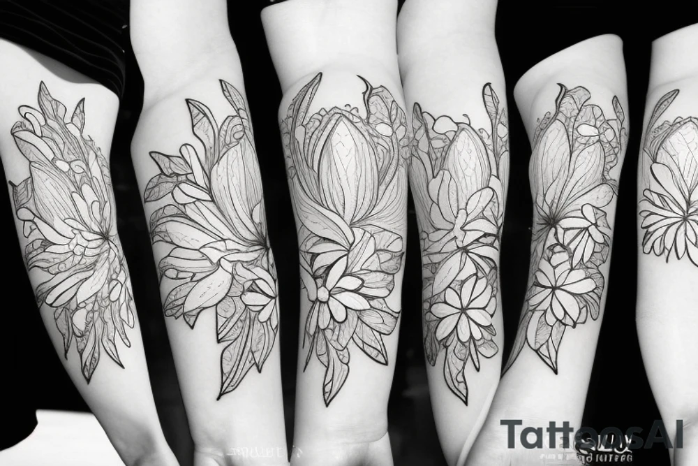 the plants narcissus, lily of the valley and chrysanthemum together like a bouquet tattoo idea