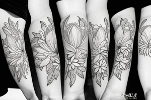 the plants narcissus, lily of the valley and chrysanthemum together like a bouquet tattoo idea