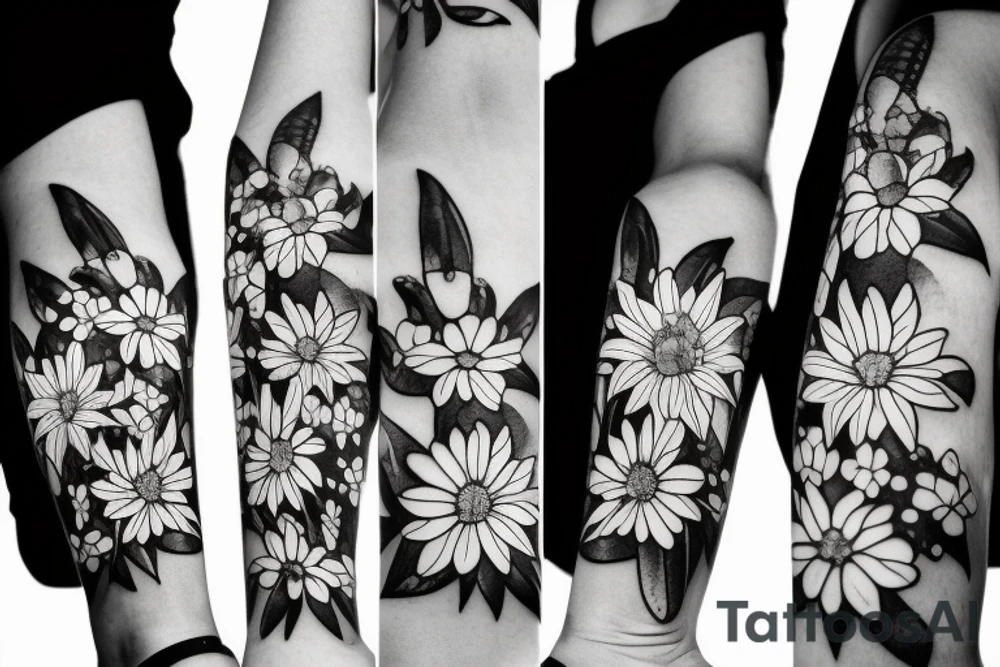 the plants narcissus, lily of the valley and chrysanthemum together like a bouquet tattoo idea