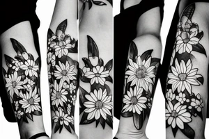 the plants narcissus, lily of the valley and chrysanthemum together like a bouquet tattoo idea
