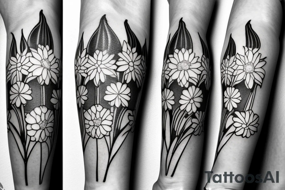 the small plants narcissus, lily of the valley and chrysanthemum together like a bouquet tattoo idea