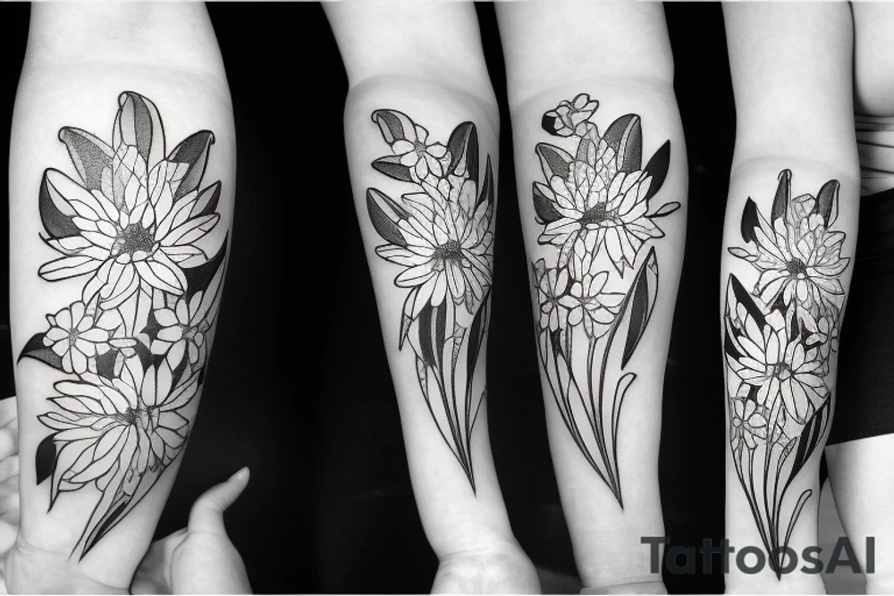 the small plants narcissus, lily of the valley and chrysanthemum together like small bouquet tattoo idea