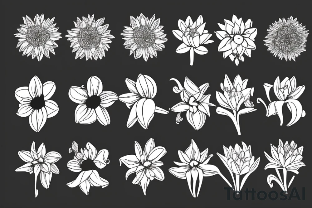 the small plants narcissus, lily of the valley and chrysanthemum together like small bouquet tattoo idea