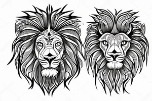 symmetry, lion head and only facing front, glaring, black and white, white background, ink fine line art stylized, vector, design for tattoo tattoo idea