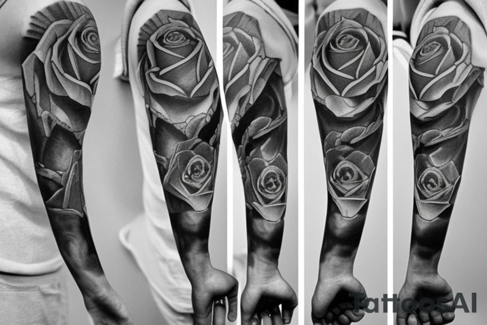 Rose, money handcuff, ladder, watch full sleeves tattoo idea