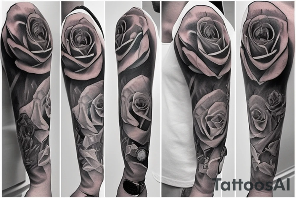 Rose, money handcuff, ladder, watch full sleeves tattoo idea