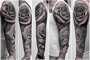 Rose, money handcuff, ladder, watch full sleeves tattoo idea
