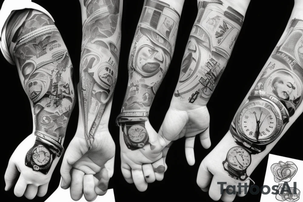 money handcuff, ladder, watch full sleeves tattoo idea