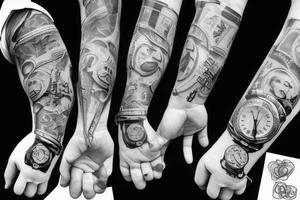 money handcuff, ladder, watch full sleeves tattoo idea