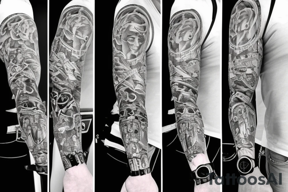 money handcuff, ladder, watch full sleeves tattoo idea