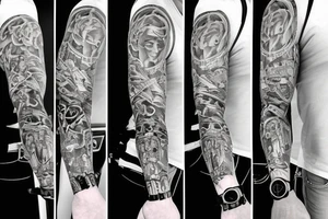 money handcuff, ladder, watch full sleeves tattoo idea