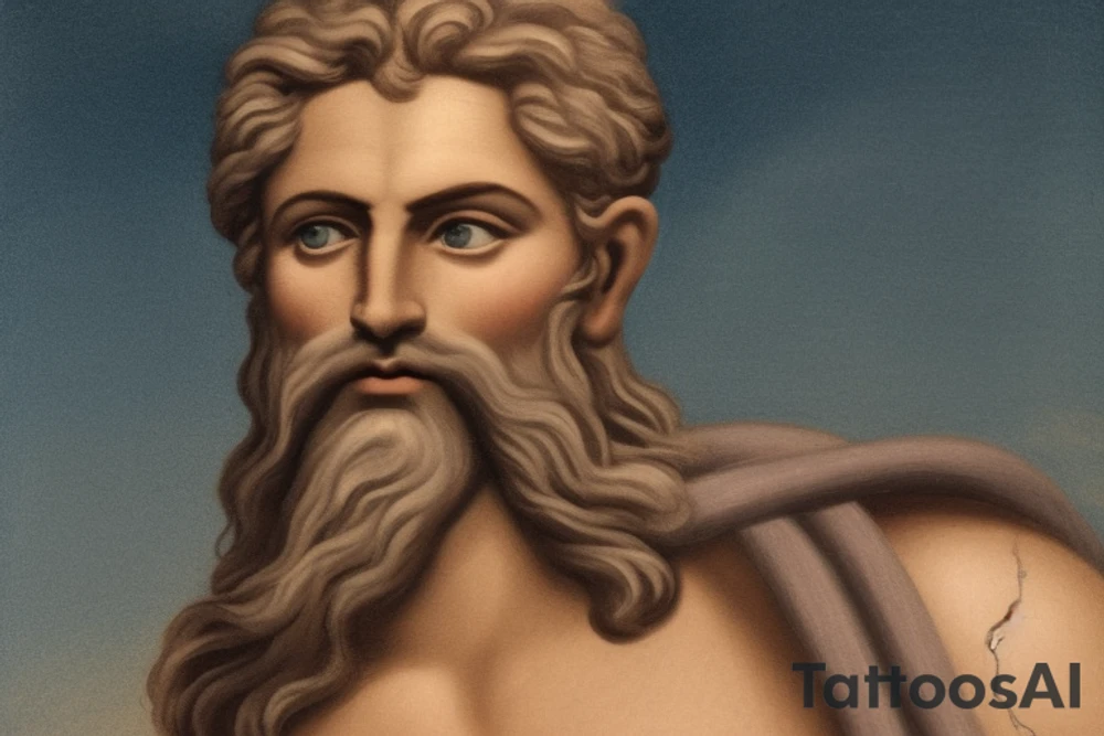 Greek god Zeus with lighting coming out his eye and the phase “ Ο Πραγματικός Δίας“ and with the date “8 Νοεμβρίου 2013” tattoo idea