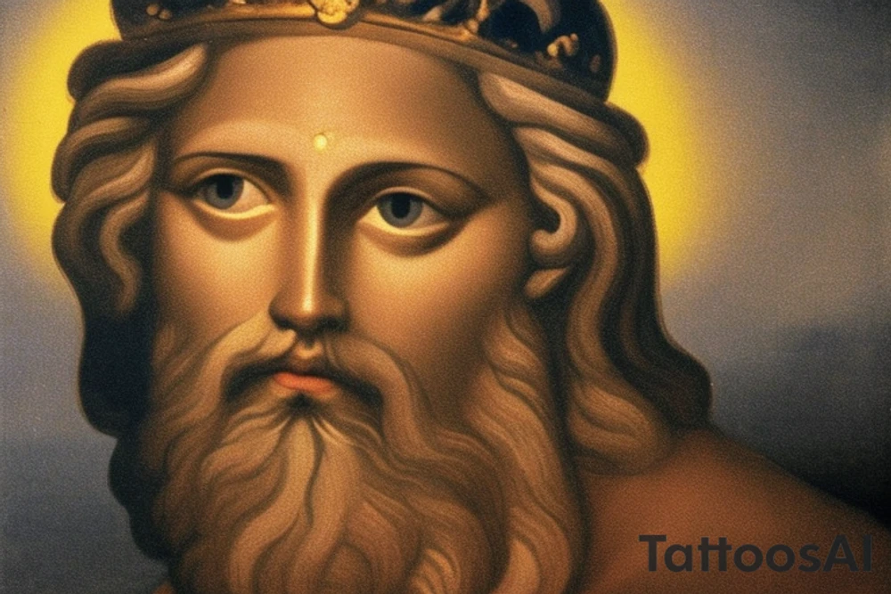 Greek god Zeus with lighting coming out his eye and the phase “ Ο Πραγματικός Δίας“ and with the date “8 Νοεμβρίου 2013” tattoo idea