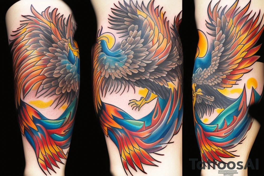 A phoenix coming from flames looking upwards tattoo idea