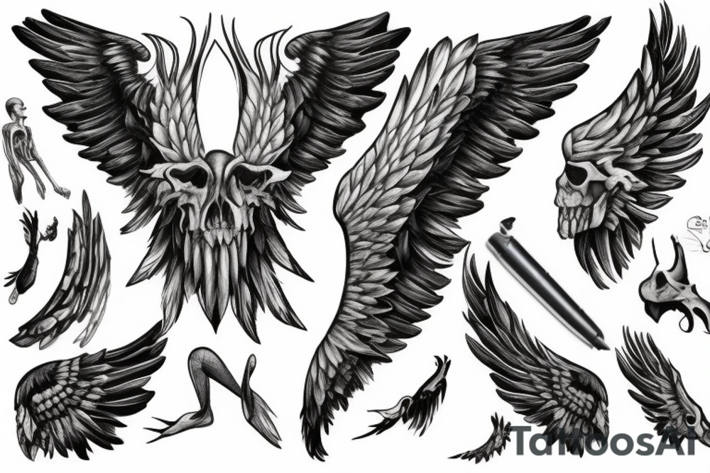 Black staff with bone wings protruding from it tattoo idea