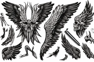 Black staff with bone wings protruding from it tattoo idea