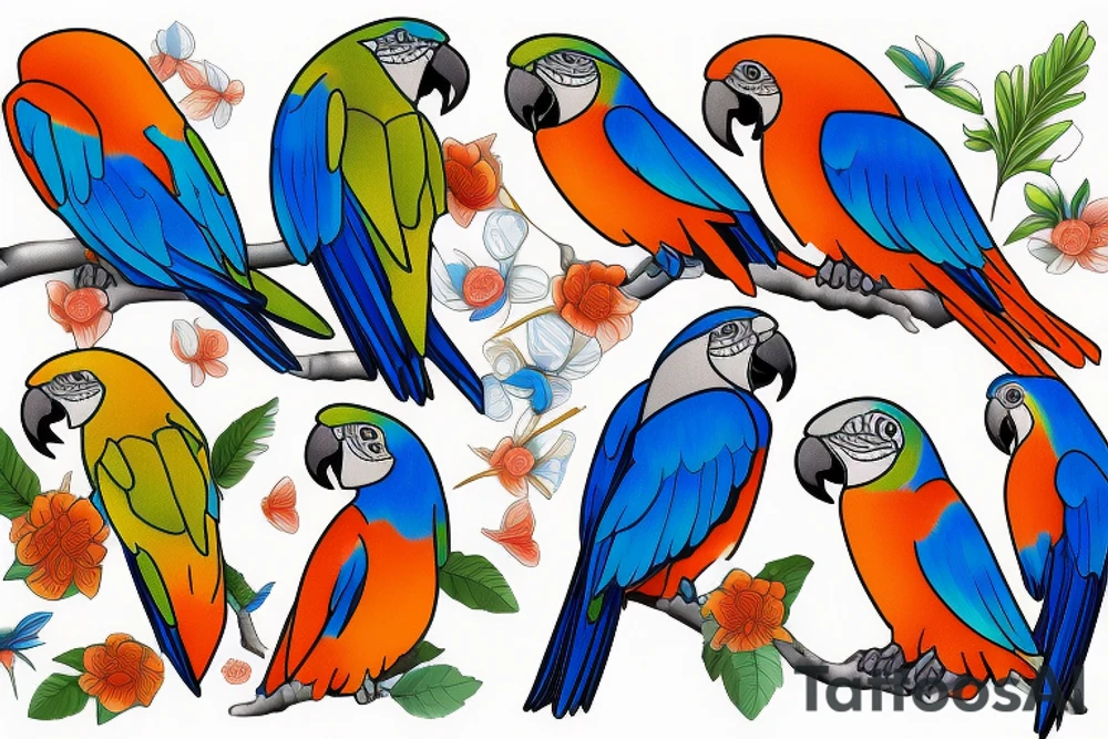 Two blue and orange parrots tattoo idea