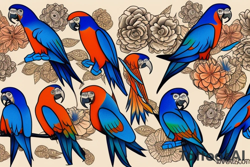 Two blue and orange parrots tattoo idea