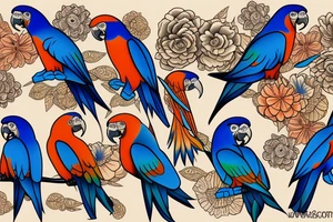 Two blue and orange parrots tattoo idea