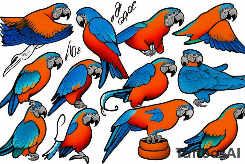 Two blue and orange parrots tattoo idea