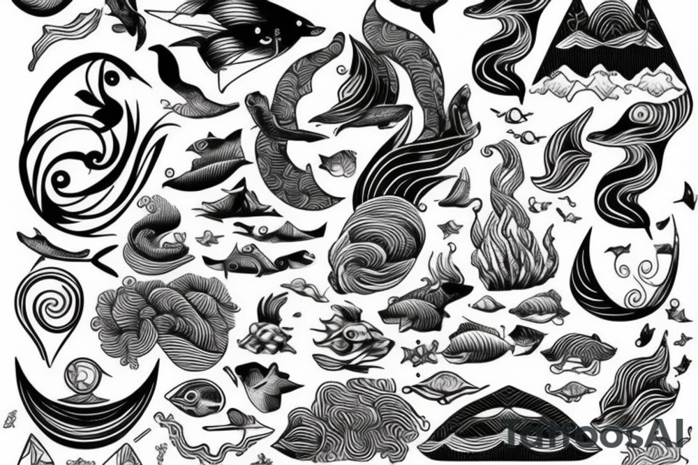Secret geometry, waves , sea animals tattoo idea