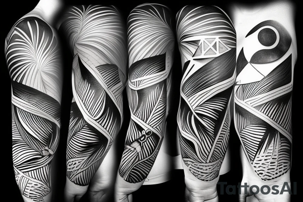 Secret geometry, water,sea animals,palm tree, sun, surfing , biking tattoo idea