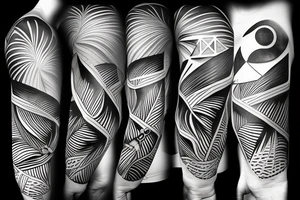 Secret geometry, water,sea animals,palm tree, sun, surfing , biking tattoo idea