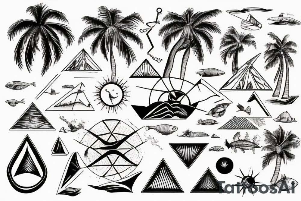 Secret geometry, water,sea animals,palm tree, sun, surfing , biking tattoo idea