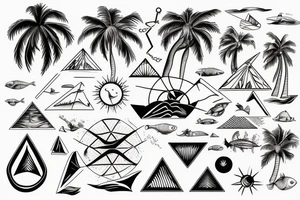 Secret geometry, water,sea animals,palm tree, sun, surfing , biking tattoo idea