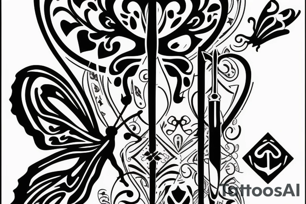 dagger with a butterfly on the knife and a heart on the handle tattoo idea