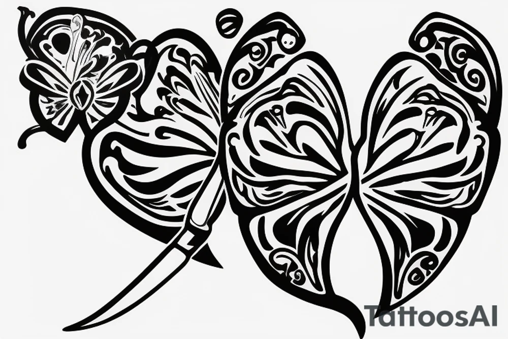 dagger with a butterfly on the knife and a heart on the handle tattoo idea