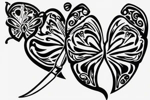 dagger with a butterfly on the knife and a heart on the handle tattoo idea
