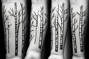 Fine line silver birch tree with leaves and roots tattoo idea