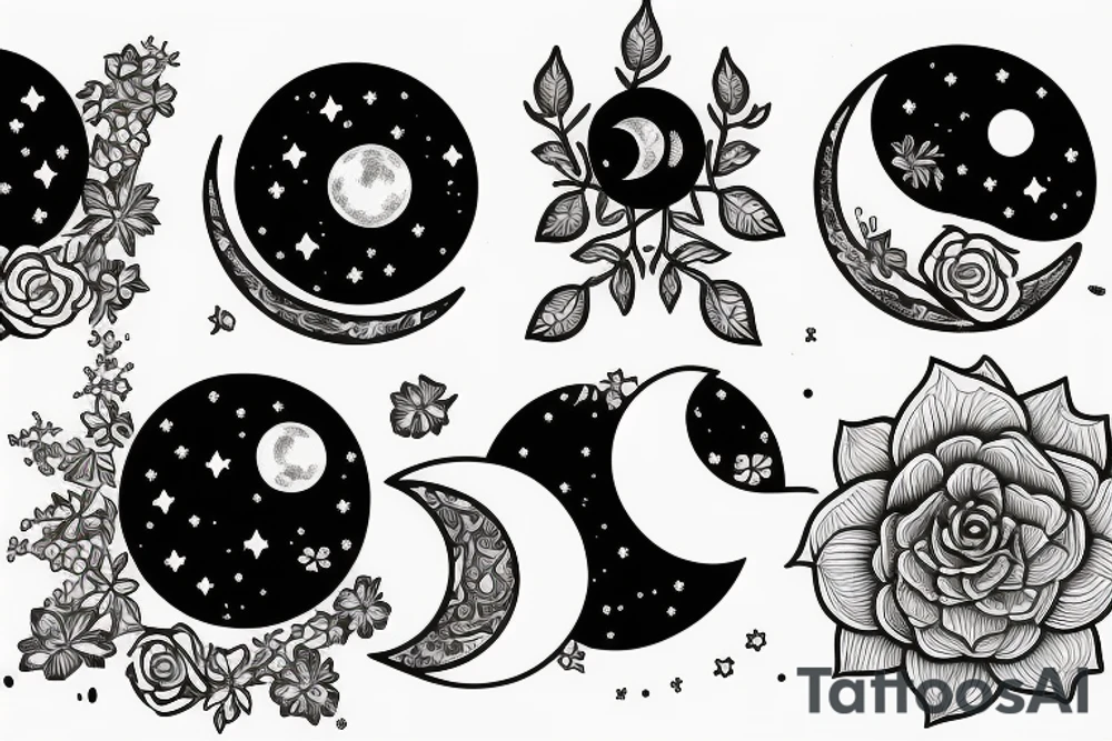 5 flowers, a moon, god tattoo idea