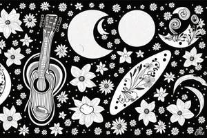 5 flowers, a moon, guitarr tattoo idea