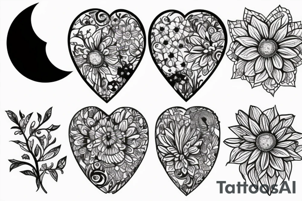 5 flowers, a moon, heart tattoo idea