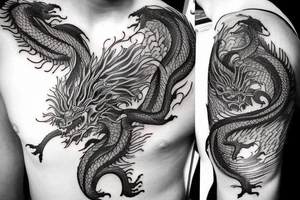 i want a big tattoo from the shoulder to my elbow and the elements that I want are, a Japanese dragon, the tree of life with a DNA in it and the dragon around it tattoo idea