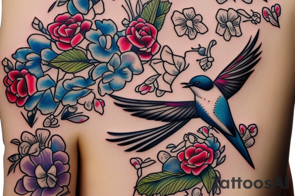 Swallow with flowers behind tattoo idea
