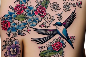 Swallow with flowers behind tattoo idea