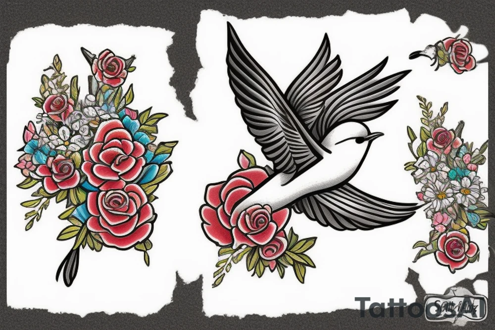 Swallow with flowers behind tattoo idea